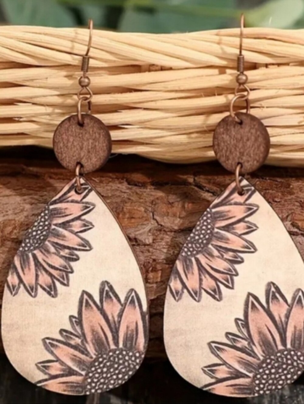 Bohemian Wooden Sunflower Droplet shaped earrings